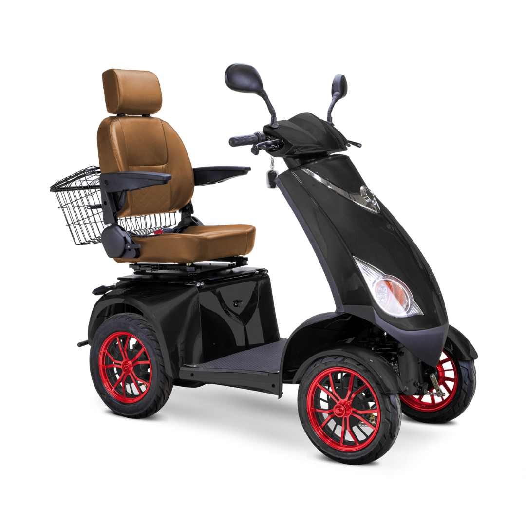 The Bespoke Platinum Recreational 4-Wheel Scooter with Electric Brake Assist features a black frame, red rims, brown cushioned seat and backrest, armrests, mirrors, rear wire basket, and a high-performance motor for smooth rides.